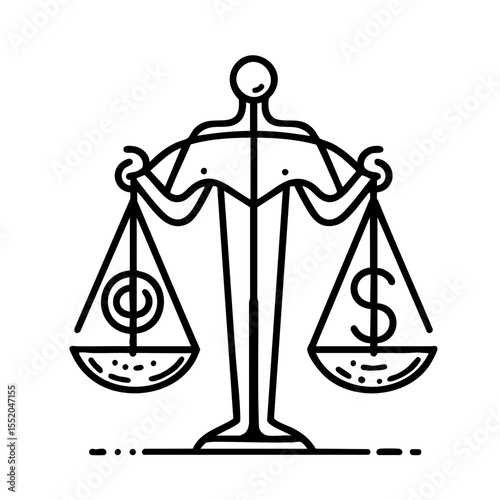 A line art icon in black and white colors representing the balance between copyright and money