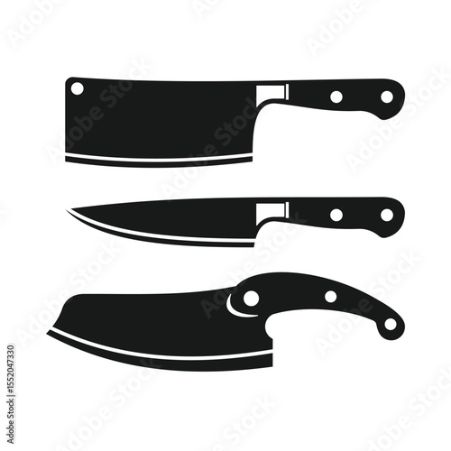 Several type of knives for Chef or Butcher. Kitchen Knife and Cleaver silhouettes for Restaurant or Butchery symbol sign logo design.