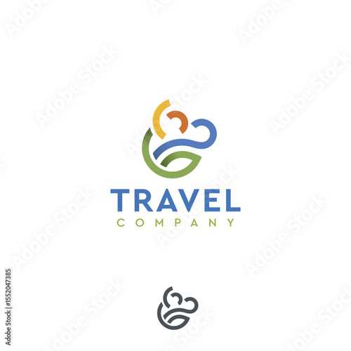 Travel company island wave sun line abstract vector logo