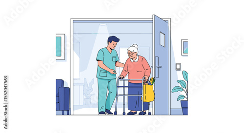 Compassionate Caregiver Assisting Senior Woman with Walker in Assisted Living Facility