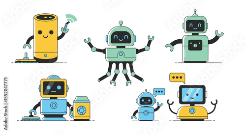 Various Robots Doing Different Activities in Vector Cartoon Illustration Design