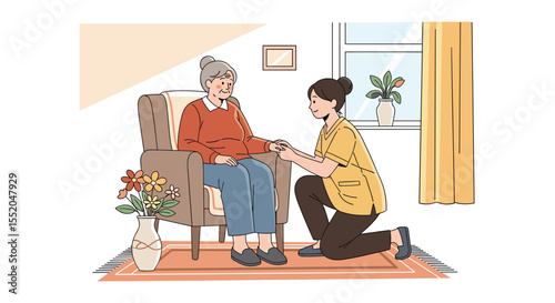 Caring Young Nurse Assisting and Comforting Senior Woman at Home