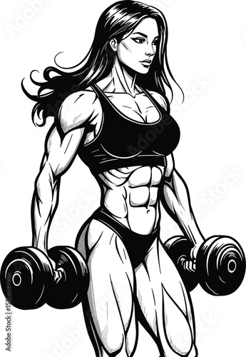 Strong Female Athlete Lifting Dumbbells, Fitness Icon, Muscular Woman Workout Illustration