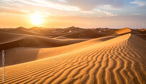 Golden Sand Dunes Stretching Across the Horizon with Soft Pastel Sunset Sky for Natural Landscape Photography photo