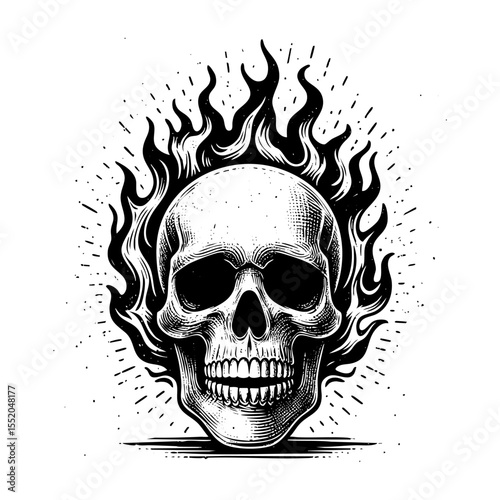 Skull burning fire flame sketch engraving black and white outline. Scratch board imitation.  illustrated in vintage line art style on a white background.