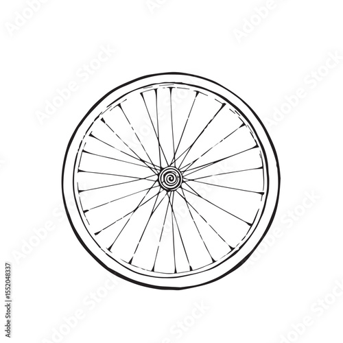 Monochrome Bicycle Wheel Illustration Detailed Spokes and Tire on a White Background