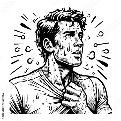Man sweating sketch engraving black and white outline. Scratch board imitation.  illustrated in vintage line art style on a white background.