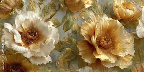 Elegant 4K Golden Floral Background with Vintage Flower Design and 3D Mural Art