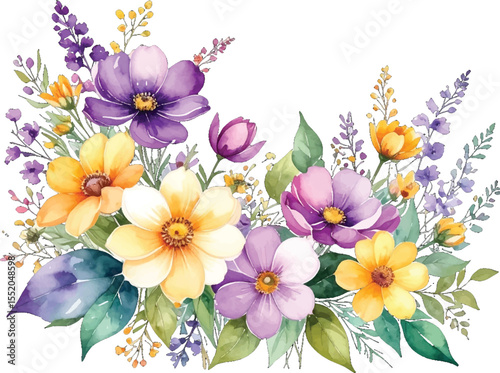Beautiful watercolor floral bouquet design. Vibrant watercolor flowers in a bouquet arrangement. Colorful floral bouquet in a modern watercolor style. Elegant watercolor flowers in a spring bouquet