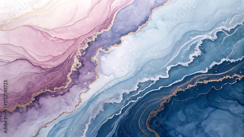 Elegant Fluid Art with Pink, Purple, and Blue Hues Intertwined with Golden Veins Creating a Luxurious Abstract Design