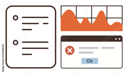 Document list, error popup with acknowledgment button, and line graph. Ideal for data management, analytics, technology interface, workflow error, digital solutions, user experience and teamwork