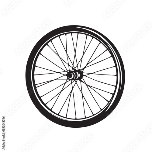 Black and White Bicycle Wheel with Spokes Tire and Hub Illustration This
