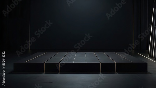 Dark, minimalist wooden platform in a dimly lit room, ready for product display or presentation.