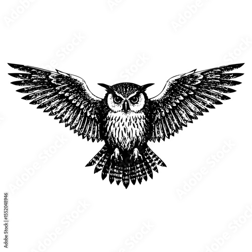 Horned owl flying spread wing sketch engraving black and white outline. Scratch board imitation.
