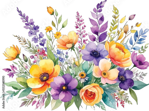 Fresh and lively watercolor floral design. Delicate floral watercolor bouquet with vibrant colors. Watercolor flower bouquet with purple, yellow blooms. Bright, cheerful watercolor flowers in bouquet