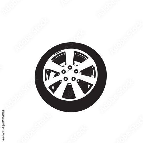 Monochrome Illustration of a Car Wheel with Five Spokes and a Tire