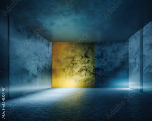 Dark, minimalist wooden platform in a dimly lit room, ready for product display or presentation.