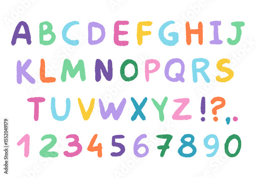 Cartoon hand-drawn alphabet, letters and figures. Cute children doodle illustratons, set of vector characters