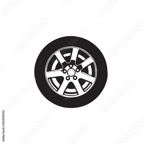 Black and white vector illustration of a car tire with a rim