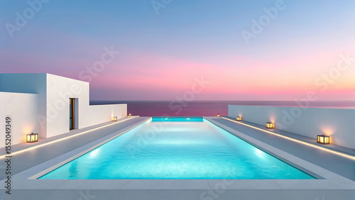 Serene Infinity Pool at Dusk Reflecting a Colorful Sky and Tranquil Ocean Scene with Elegant Lighting and Modern Architecture