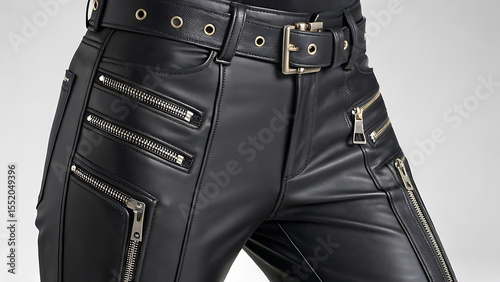 Edgy Black Leather Pants with Zipper Details and Bold Belt Stylish and Modern Design for Fashion Forward Individuals
