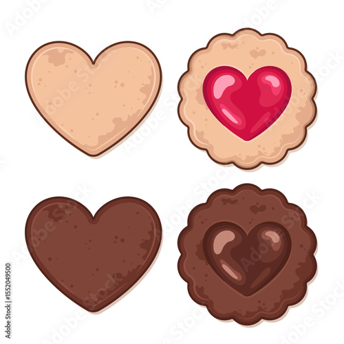 Heart-shaped biscuits, cookies in a shape of a heart, cute kawaii cartoon style illustration