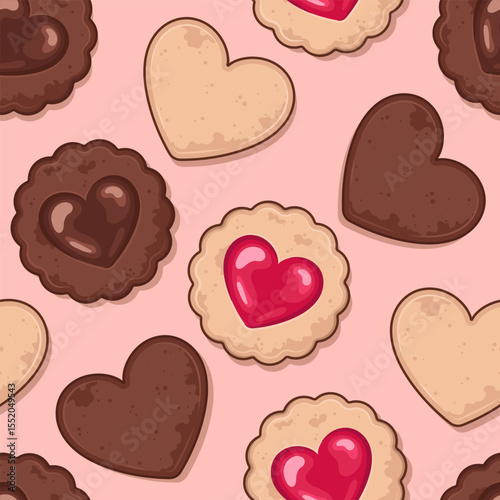 Heart-shaped biscuits pattern, background. Cookies in a shape of a heart, cute kawaii cartoon style illustration
