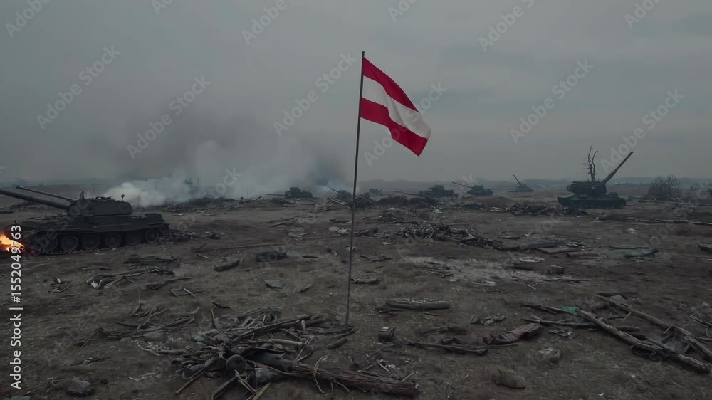 Drone flies over Austria’s battlefield. Amid smoke and debris, a torn red and white flag waves—cinematic symbol of national pride, resilience, and endurance