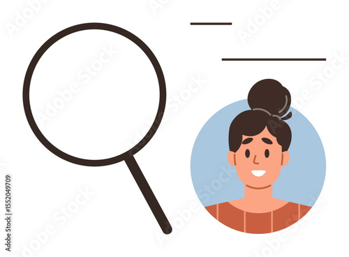Womans smiling portrait in blue circle beside a magnifying glass. Ideal for recruitment, data analysis, user profile, job application, talent search, team building, HR. Simple flat metaphor