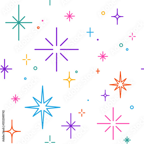 Cute simple line sparkles and stars pattern, backgroud. Minimalistic illustration.