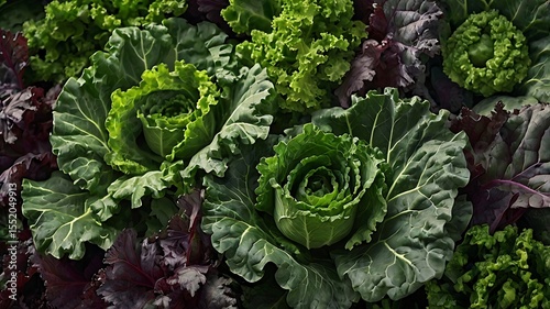 Close-up of ornamental cabbages in varying colors and textures, creating a vibrant and textured garden display.