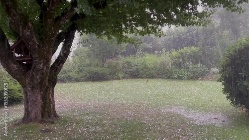 Hailstorm weather in June, Raining with lightning and hailstorm leaving ground covered by dense shield of ice crystals, High quality 4k footage