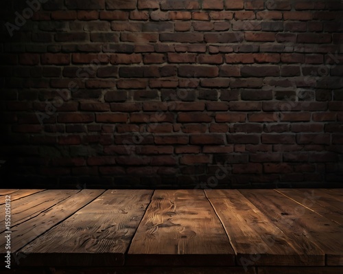 Dark, minimalist wooden platform in a dimly lit room, ready for product display or presentation.