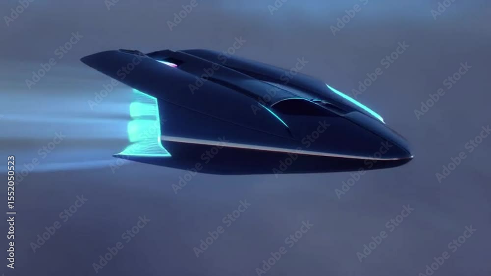 Futuristic spaceship flying through clouds with glowing lights  