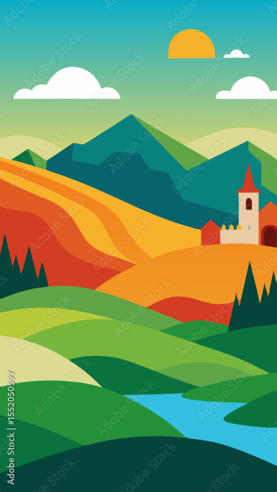 Fototapeta premium Stylized landscape with rolling hills a village and mountains under a sunny sky