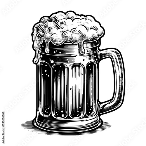 a glass of beer full of foam engraving black and white outline. Scratch board imitation.