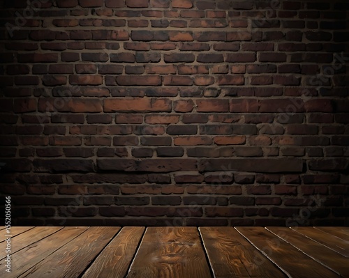 A dark brick wall serves as a backdrop to a wooden floor, creating a rustic, textured scene.