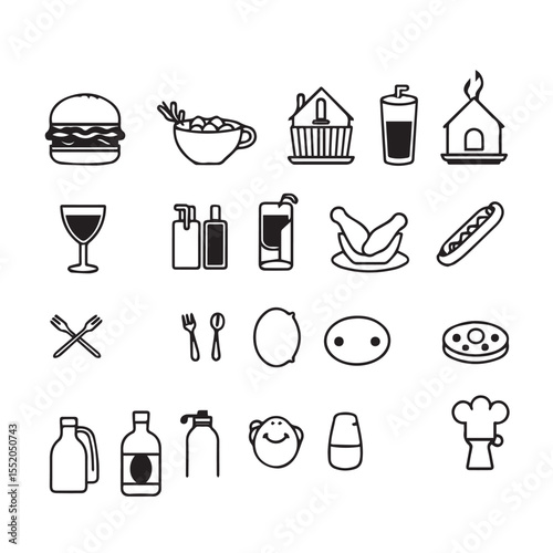 Black and White Line Art Illustration of Various Food Drink and Kitchen Related Items