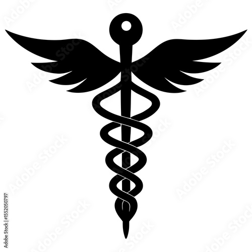 Black Caduceus Symbol Representing Medicine and Healthcare on a White Background