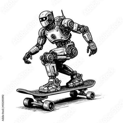 Robot skateboarding engraving black and white outline. Scratch board imitation.  illustrated in vintage line art style on a white background.