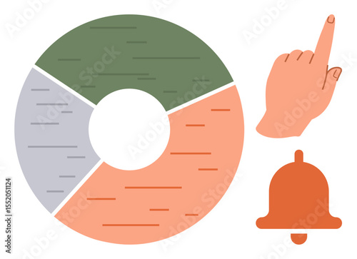 Segmented pie chart, hand with finger pointing upwards, and bell. Ideal for communication, data analysis, updates, notifications, focus productivity organization. Simple flat metaphor