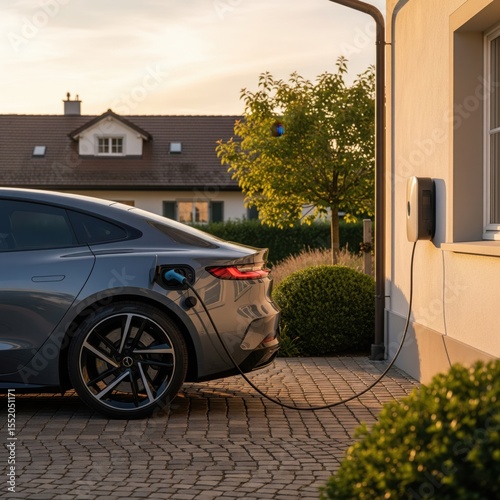 Gray polished EV fastback charging at white AC wall charger in private residence courtyard, side view, evening soft warm lighting, Switzerland