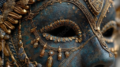 Intricately designed blue and gold mask showcasing elaborate craftsmanship and cultural significance