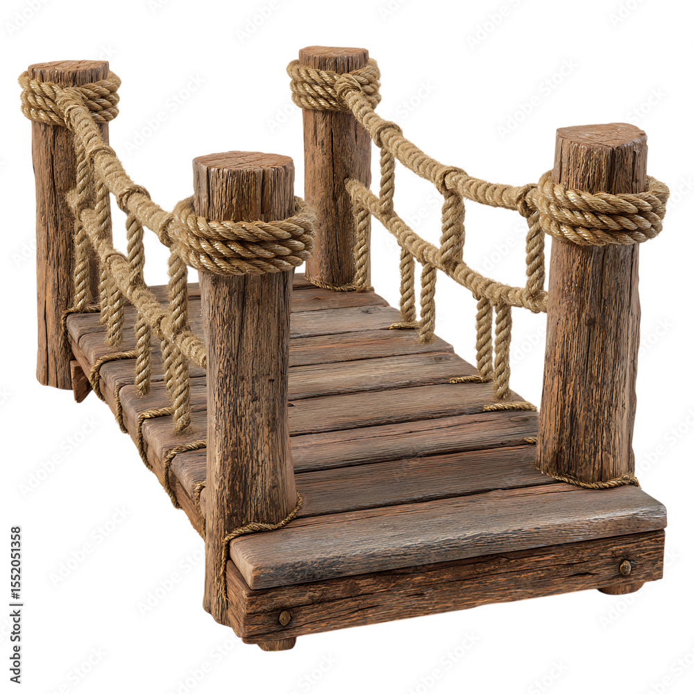 Obraz premium Rustic wooden footbridge with thick rope railings isolated on transparent background
