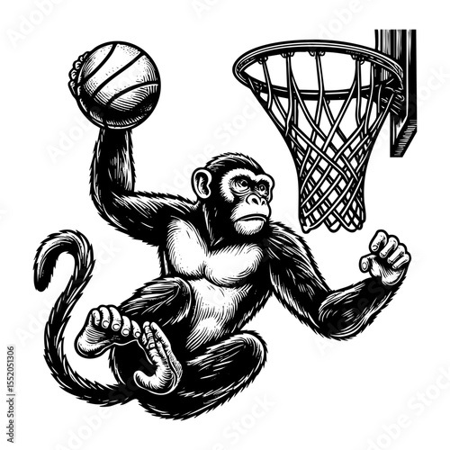 Monkey slam dunk sketch engraving black and white outline. Scratch board imitation. illustrated in vintage line art style on a white background.