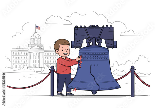 A young boy explores Independence Hall and the Liberty Bell in Philadelphia. A charming illustration with a patriotic backdrop.