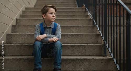 Young boy sitting thoughtfully on stairs in urban environment  