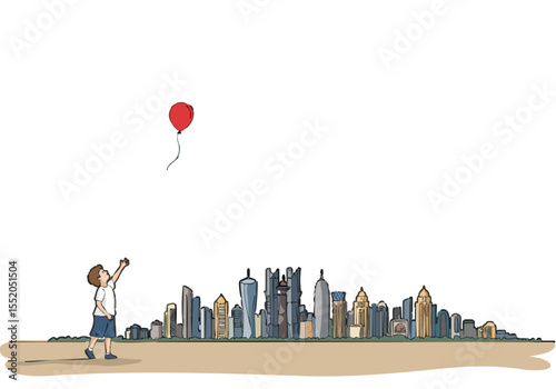 A young boy releases a peace balloon against a cityscape. A hopeful image of peace and optimism. Soft colors, simple composition.
