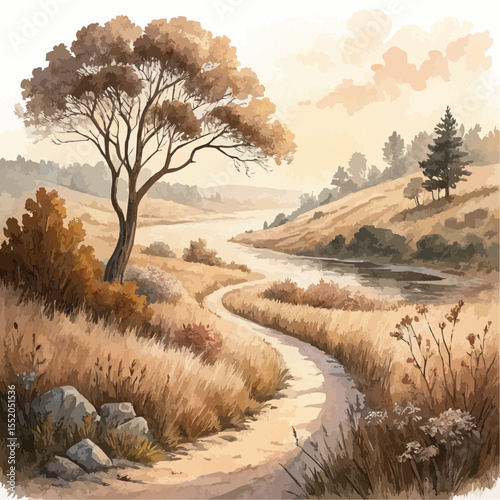 Realistic vector of a winding path through a calm landscape in warm pastel brown light, symbolizing life balance and personal journey, watercolor and charcoal style.