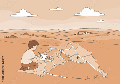 A young boy sketches a peace map outdoors, creating a hopeful scene. Simple, warm tones and a clear composition make this image ideal for positive and educational content.
